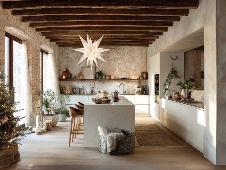 Cocina de estilo rustico, vigas de madera en ele techo, isla central en hormigon, casa antigua de pueblo proyecto de yola rodriguez interiorismo en jaén