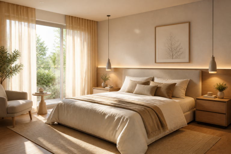 Dormitorio contemporáneo con luz natural suave que transmite calma y bienestar