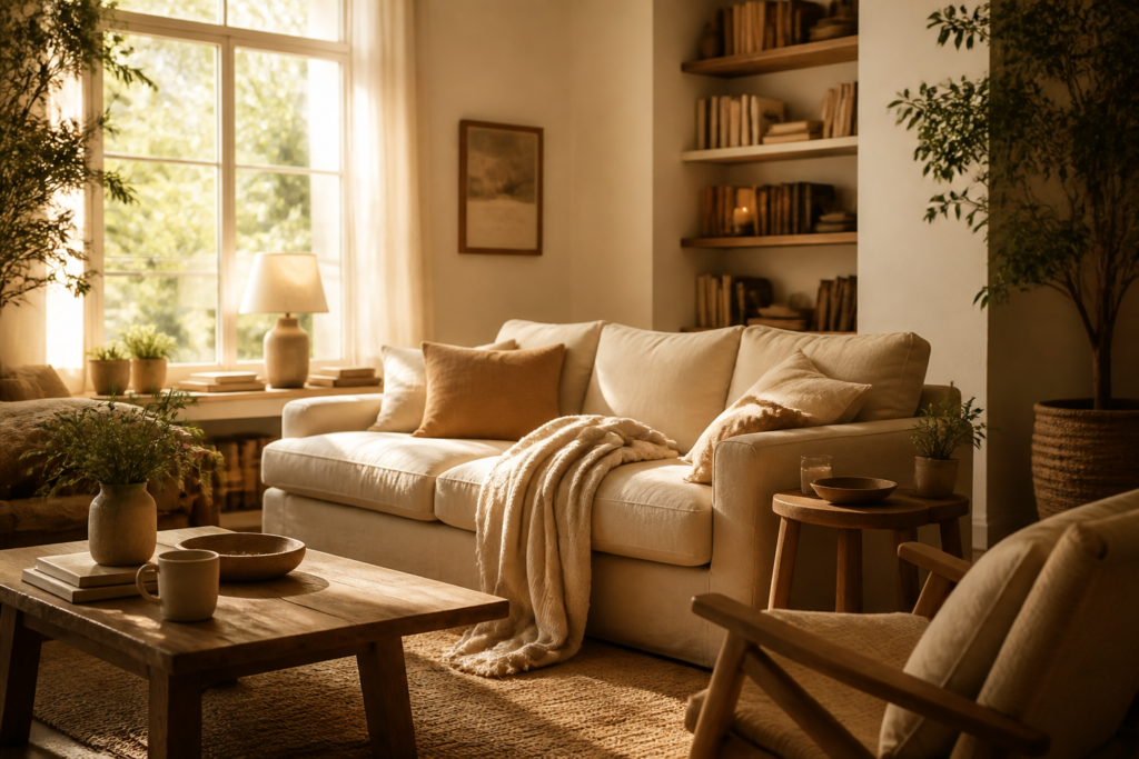 Salón acogedor con luz natural y materiales naturales que transmite calma y bienestar